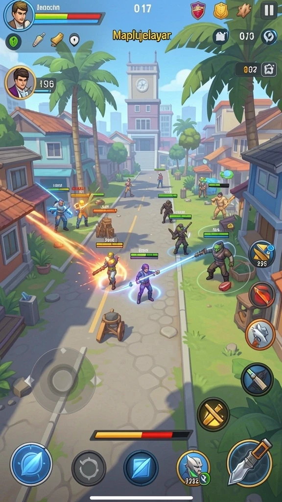 Screenshot menunjukkan karakter utama yang sedang bertarung melawan monster.
